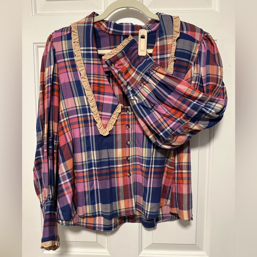 NWT - Free People - Bexley Plaid Balloon Sleeve Top - Size S